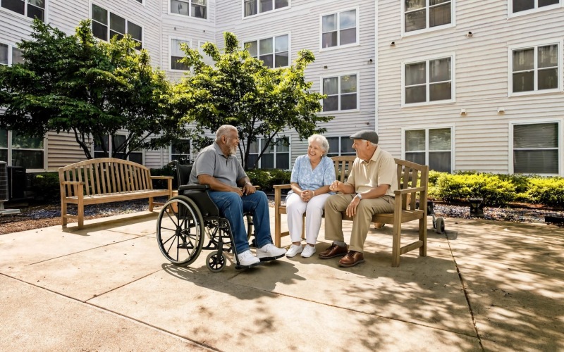 people sitting in a courtyard