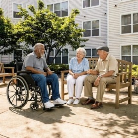 a group of people sitting in a courtyard